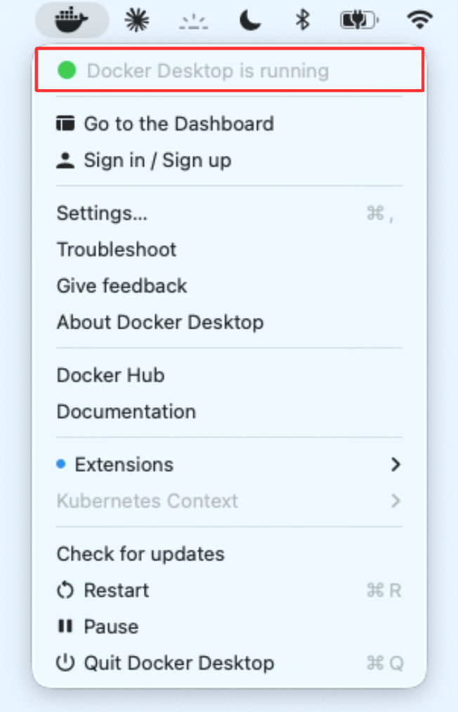 Docker Desktop menu bar showing Docker Desktop is running