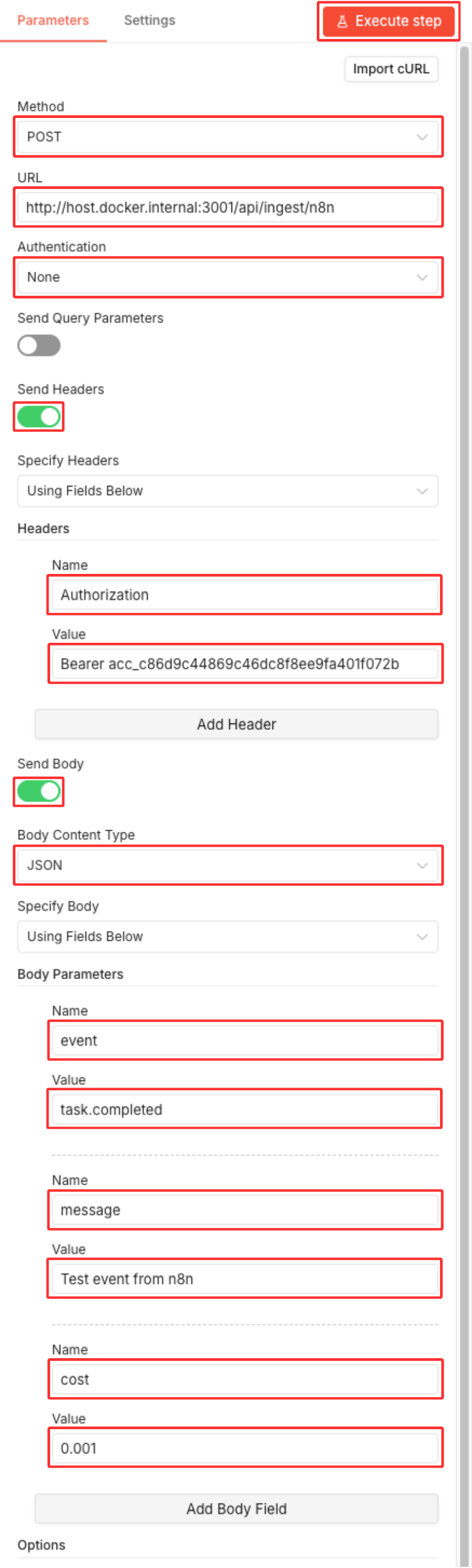 HTTP Request node configuration for Docker