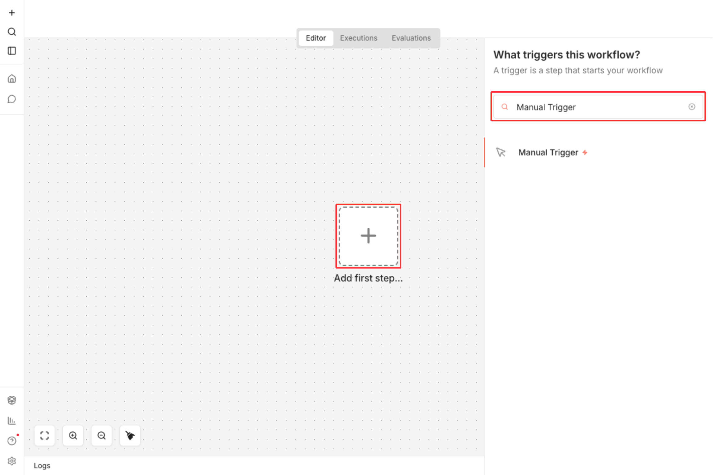 n8n blank canvas showing where to click to add Manual Trigger node