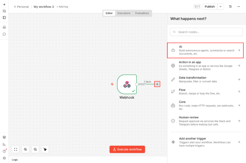 AI node (Anthropic) added and connected to webhook node