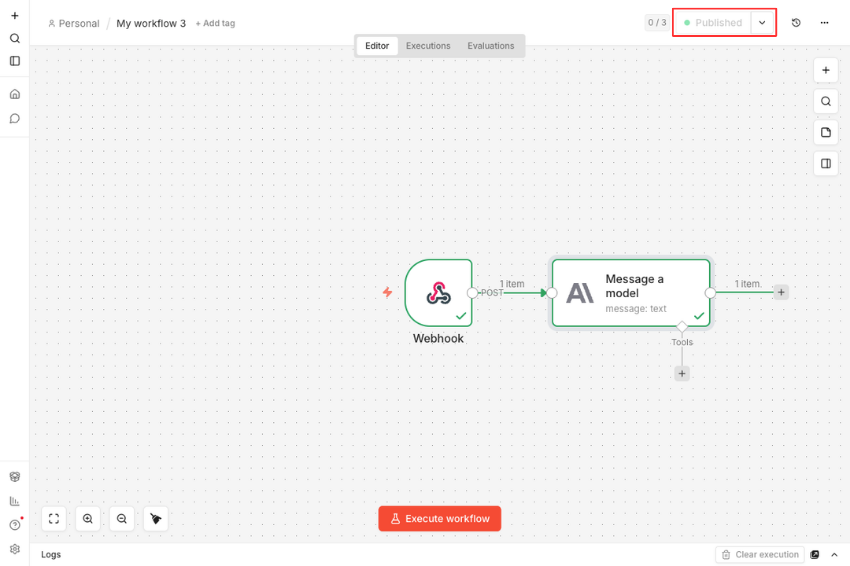 Both nodes executed and ready to publish in n8n