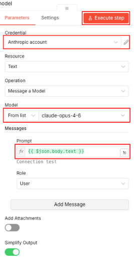 Adding Anthropic API credentials and prompt configuration in n8n