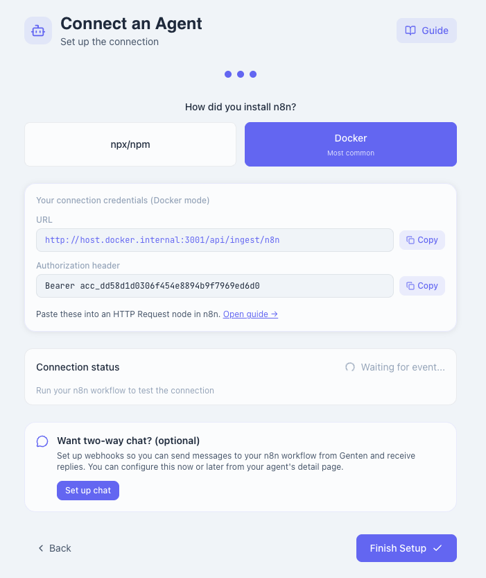 Genten showing Docker connection credentials