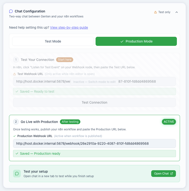 Genten showing production webhook configured with green connection status