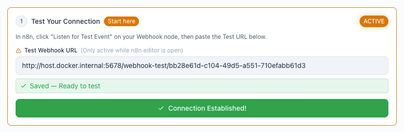 Webhook node listening for test event with green connection status in Genten