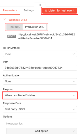 Webhook node configured with When Last Node Finishes respond setting