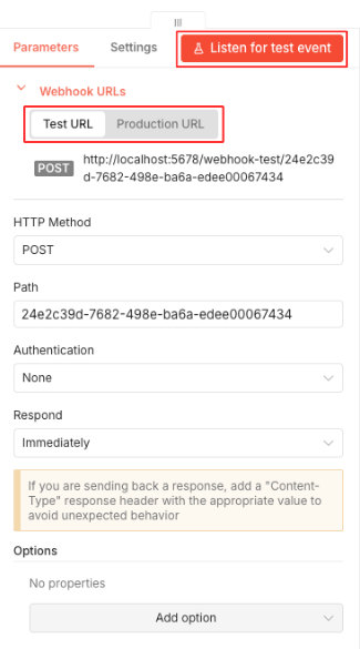 n8n Webhook node showing Test URL and Listen for Test Event button